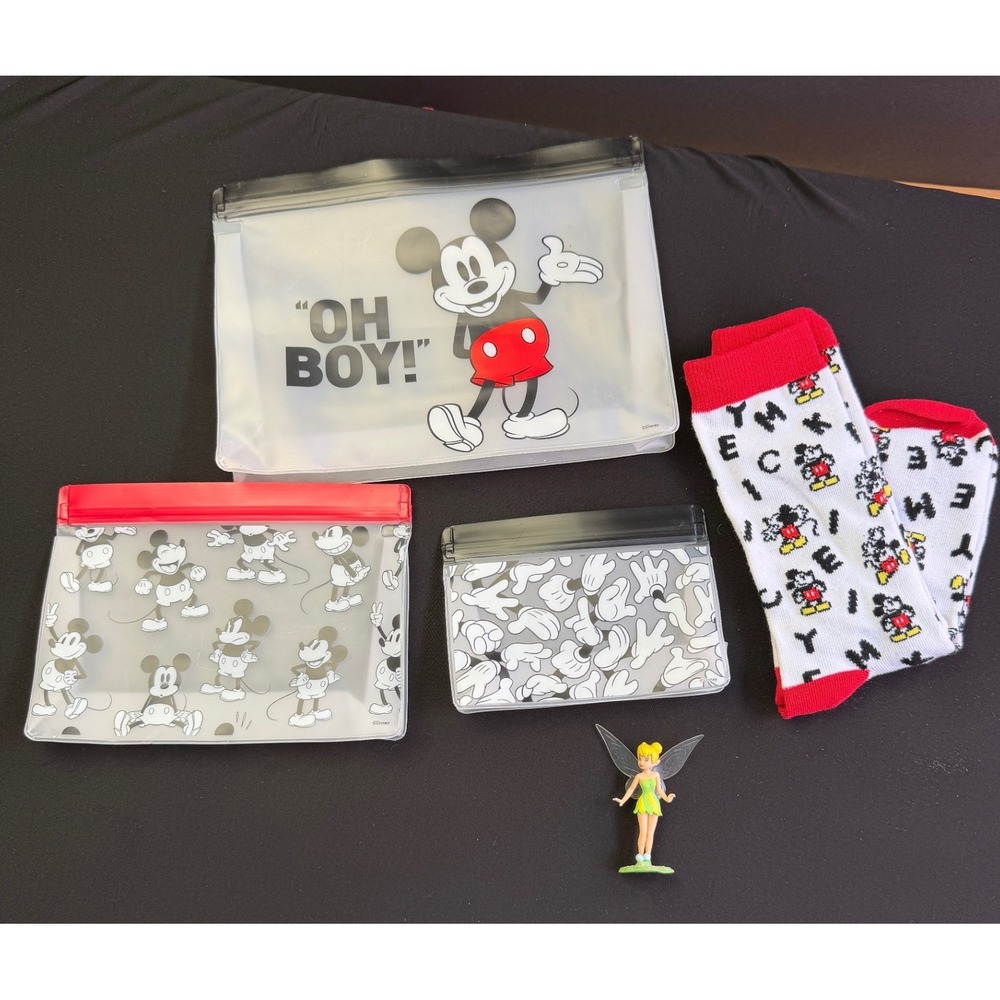 Disney Mickey Mouse Reusable Pouch Set Socks Tinker Bell Figure Bundle 5pc Lot